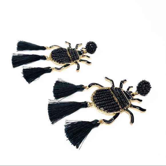 BLACK BEETLE STATEMENT BEADED BUG EARRINGS TASSEL - Picture 4 of 6